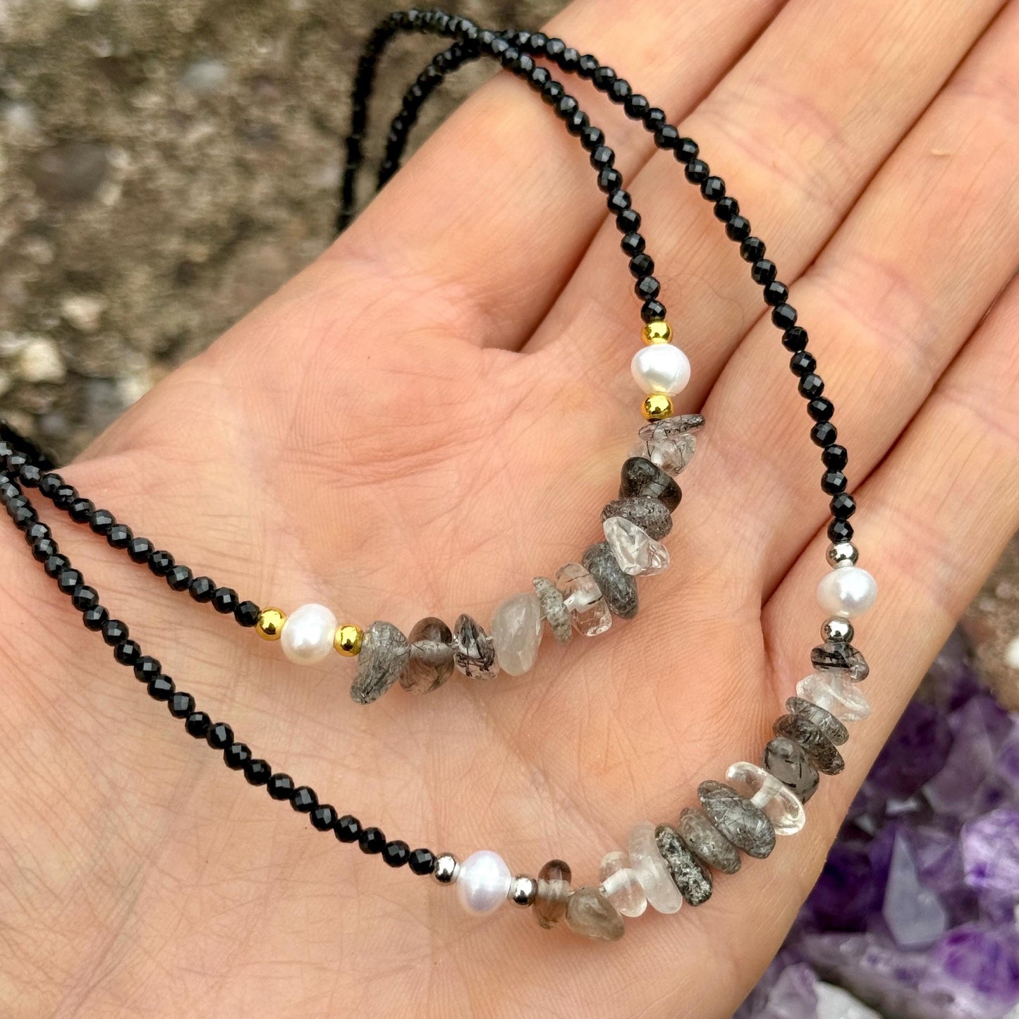 Black tourmaline and black rutilated quartz choker pearl necklace