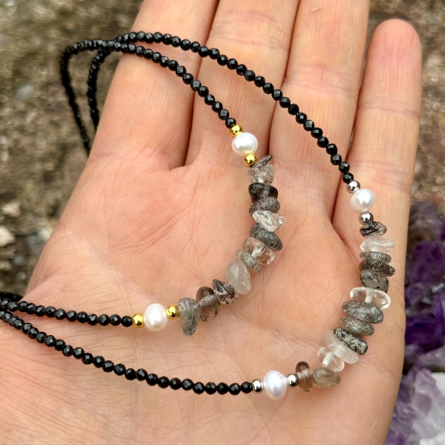 Black tourmaline and black rutilated quartz choker pearl necklace