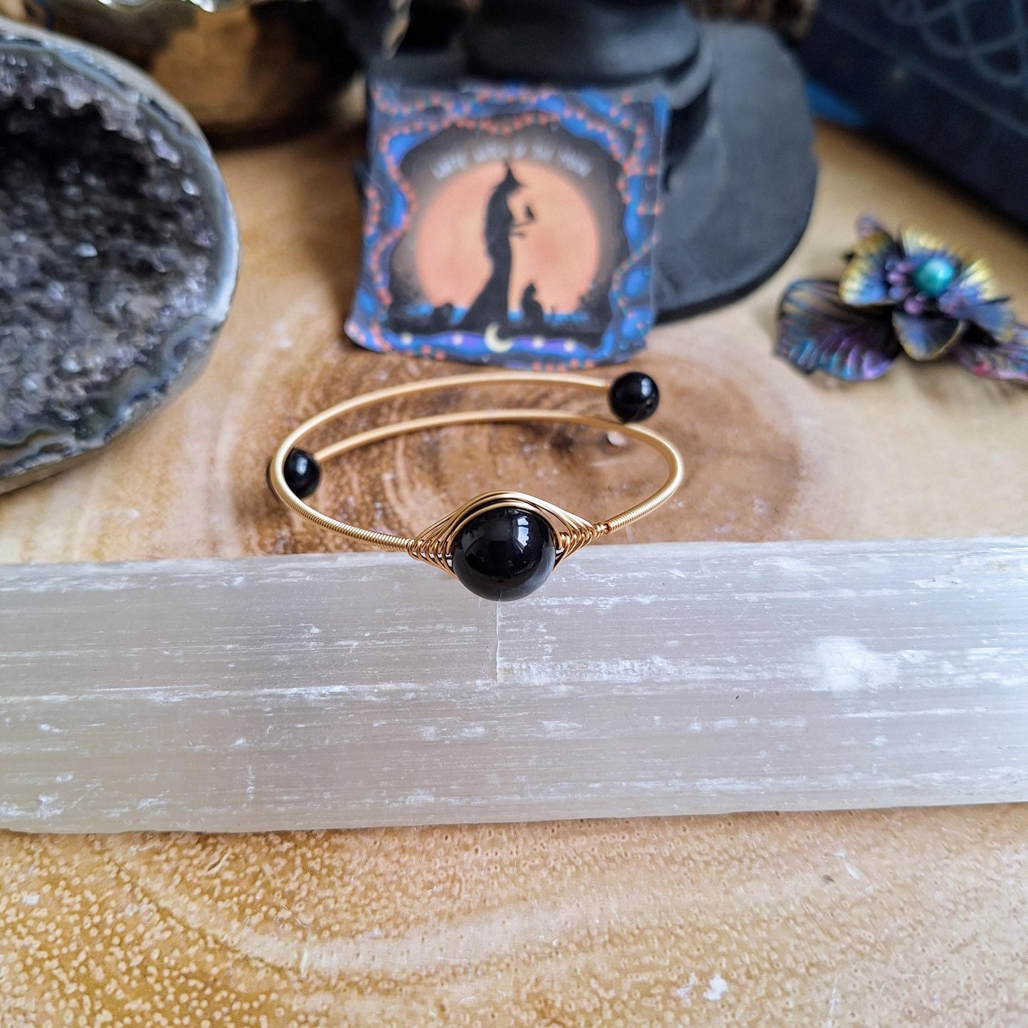 Black obsidian cuff bracelet minimalist crystal healing natural stone bangle gift for her jewellery for women root chakra jewelry