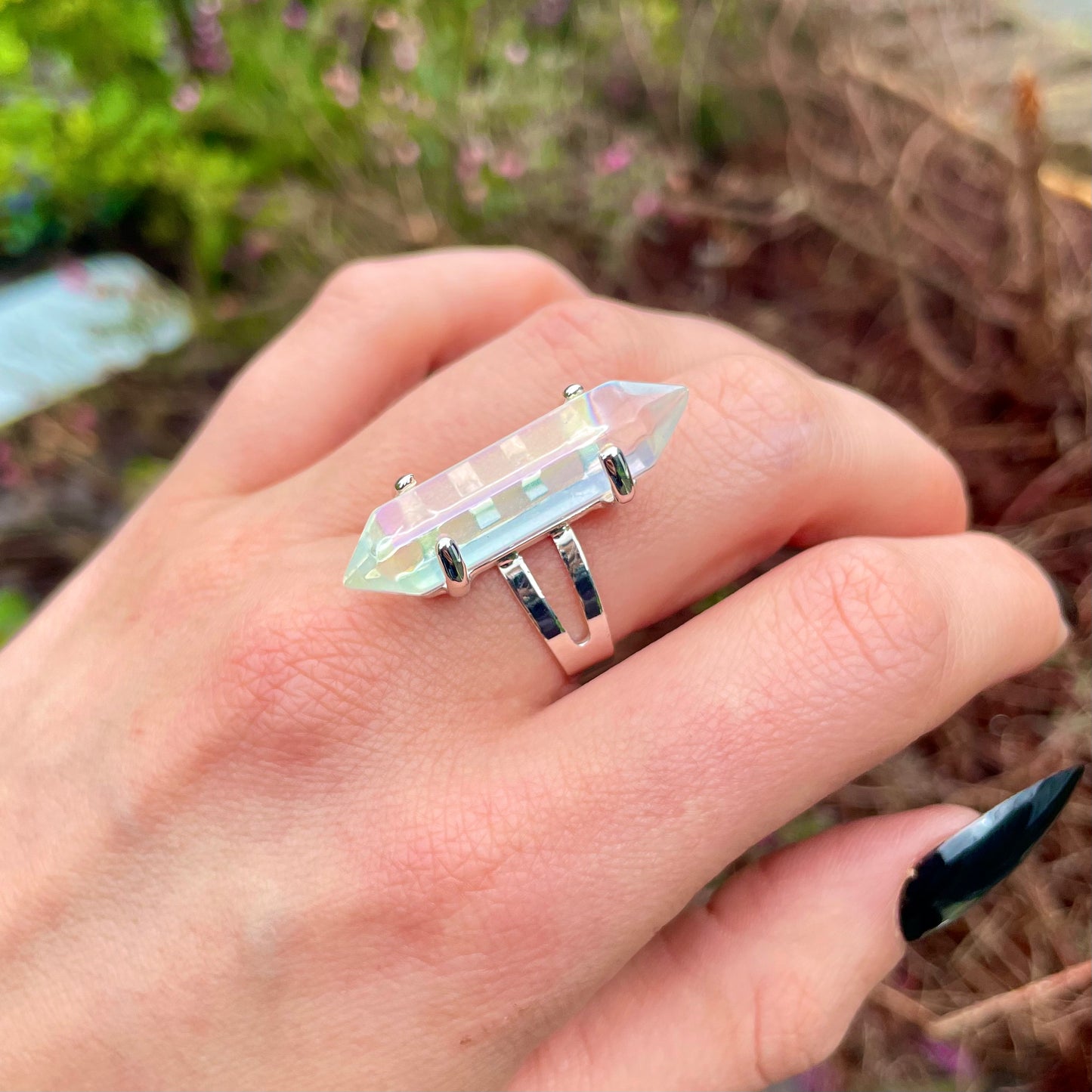 Angel Aura Quartz Double Terminated Point Adjustable Ring