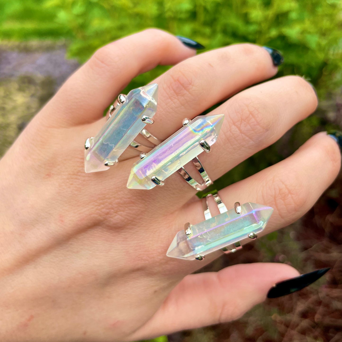 Angel Aura Quartz Double Terminated Point Adjustable Ring
