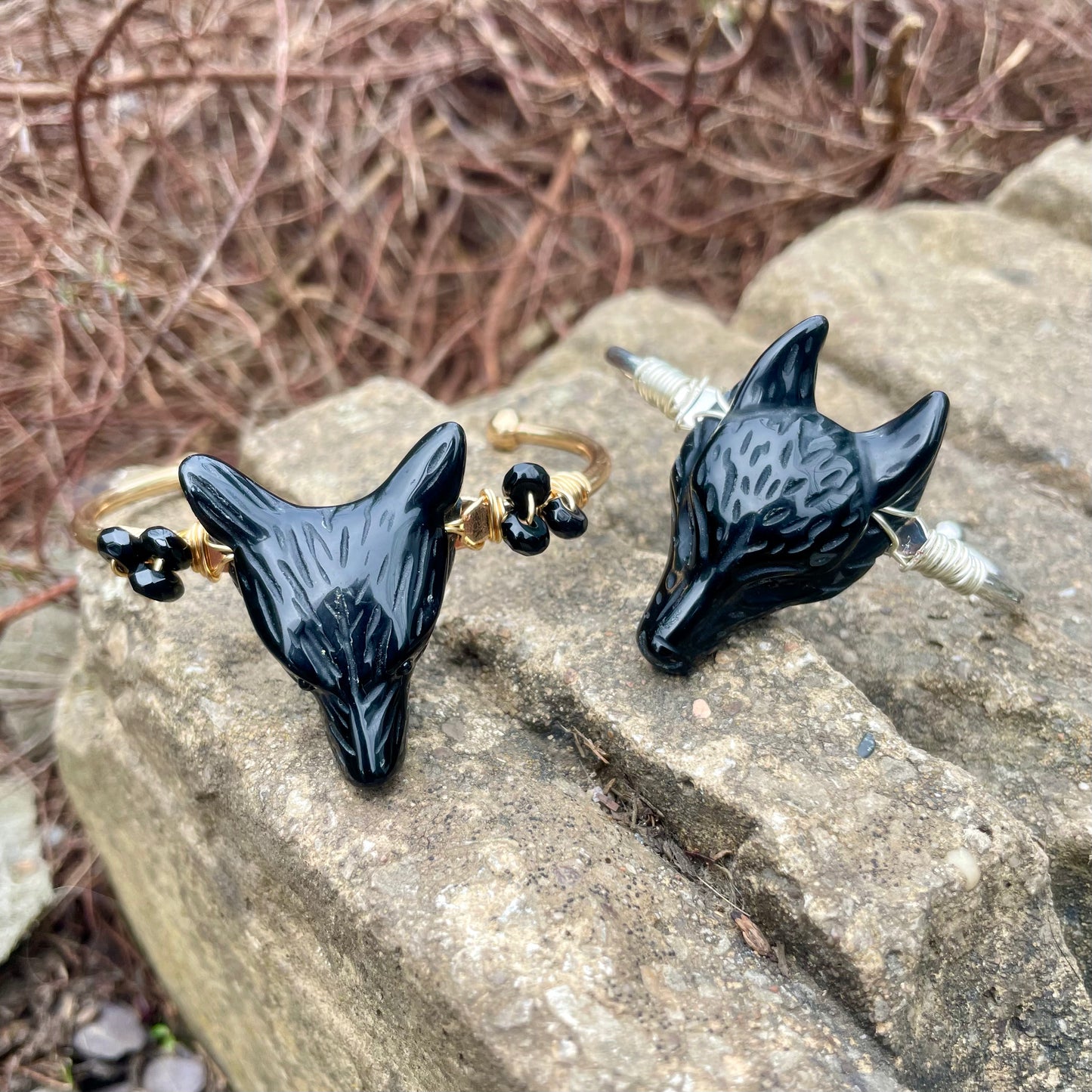 Black Obsidian Wolf Cuff Bangles