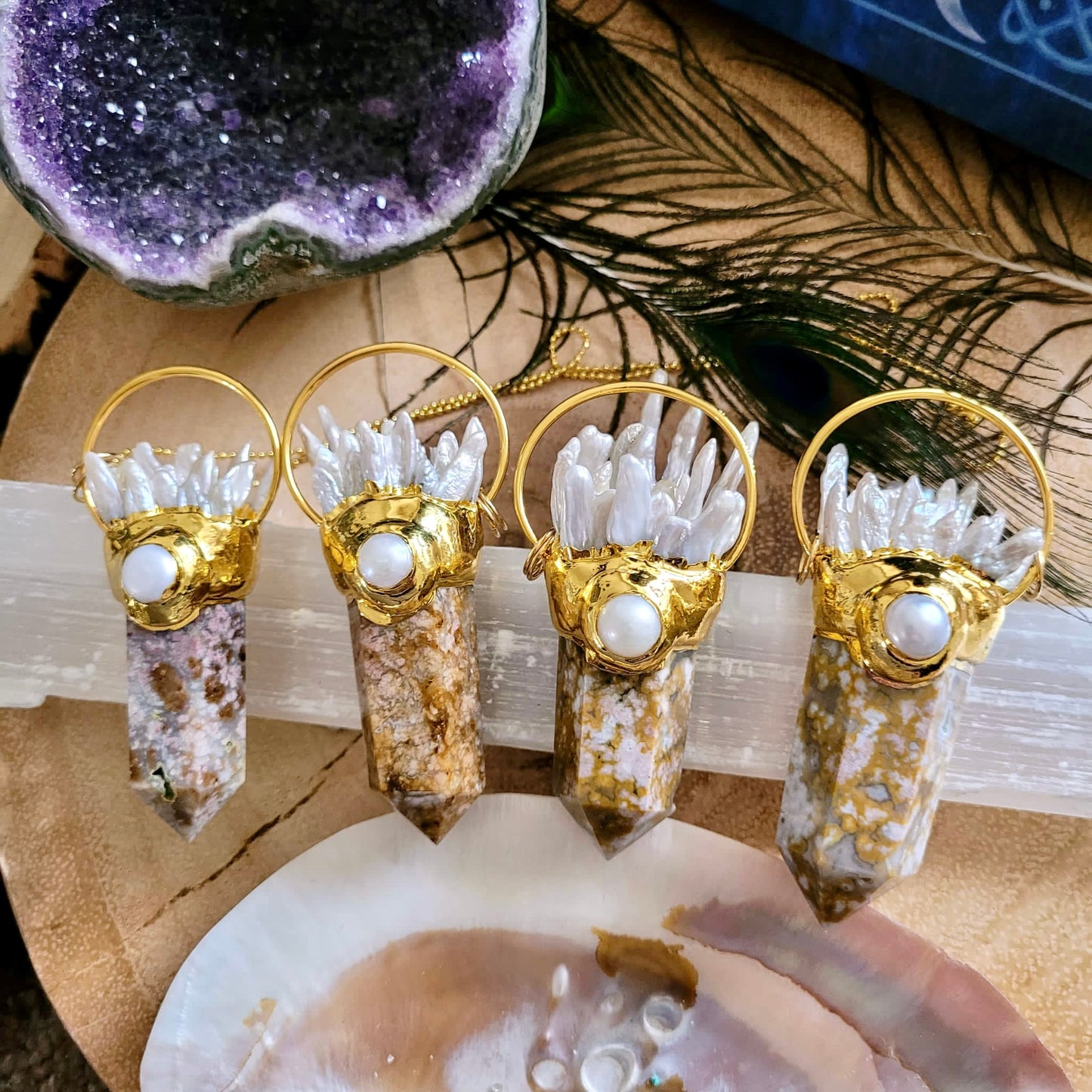 Crazy Lace Agate & Pearl Statement Point Pendant