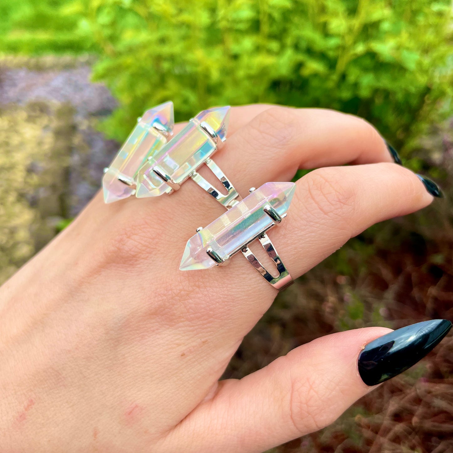 Angel Aura Quartz Double Terminated Point Adjustable Ring