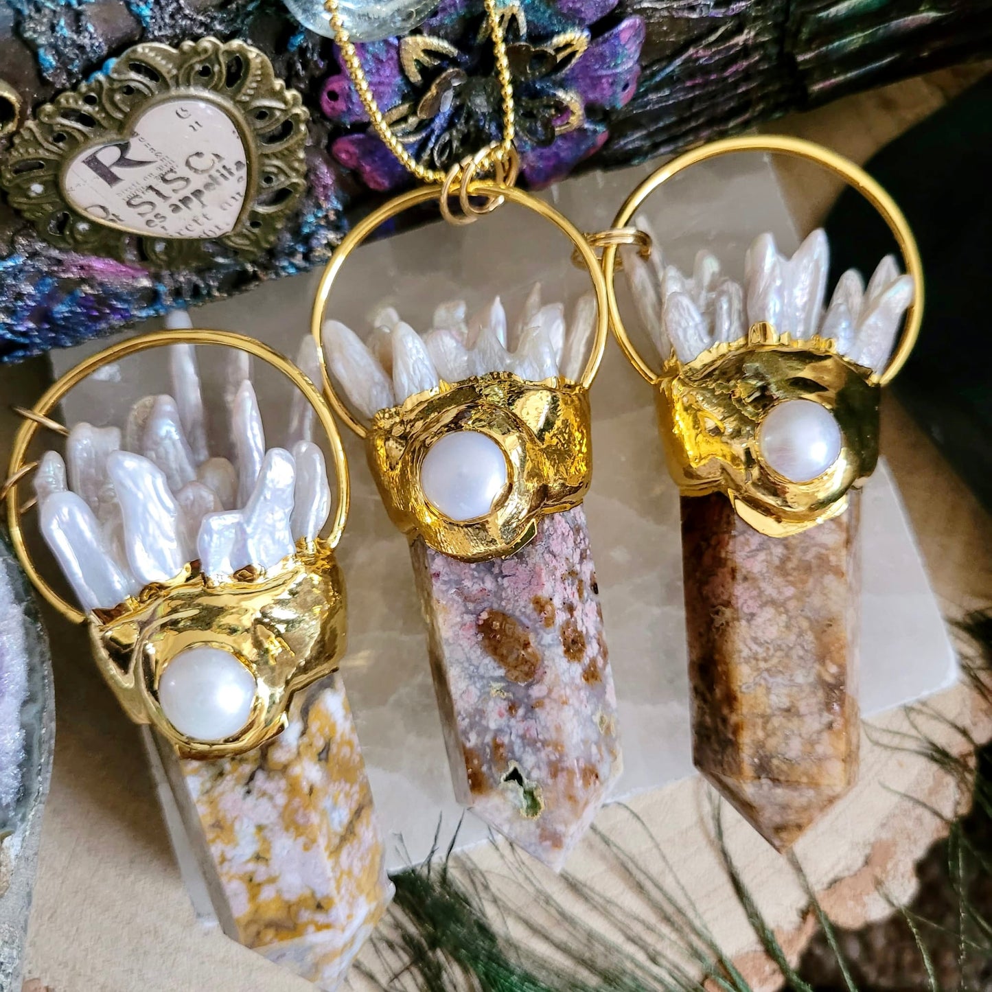 Crazy Lace Agate & Pearl Statement Point Pendant