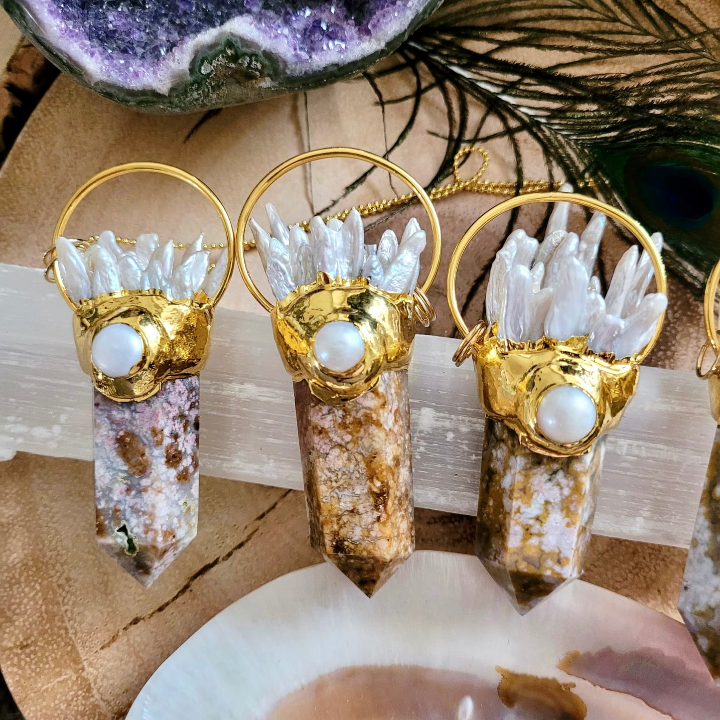Crazy Lace Agate & Pearl Statement Point Pendant