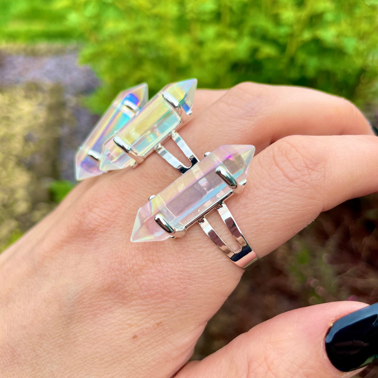 Angel Aura Quartz Double Terminated Point Adjustable Ring