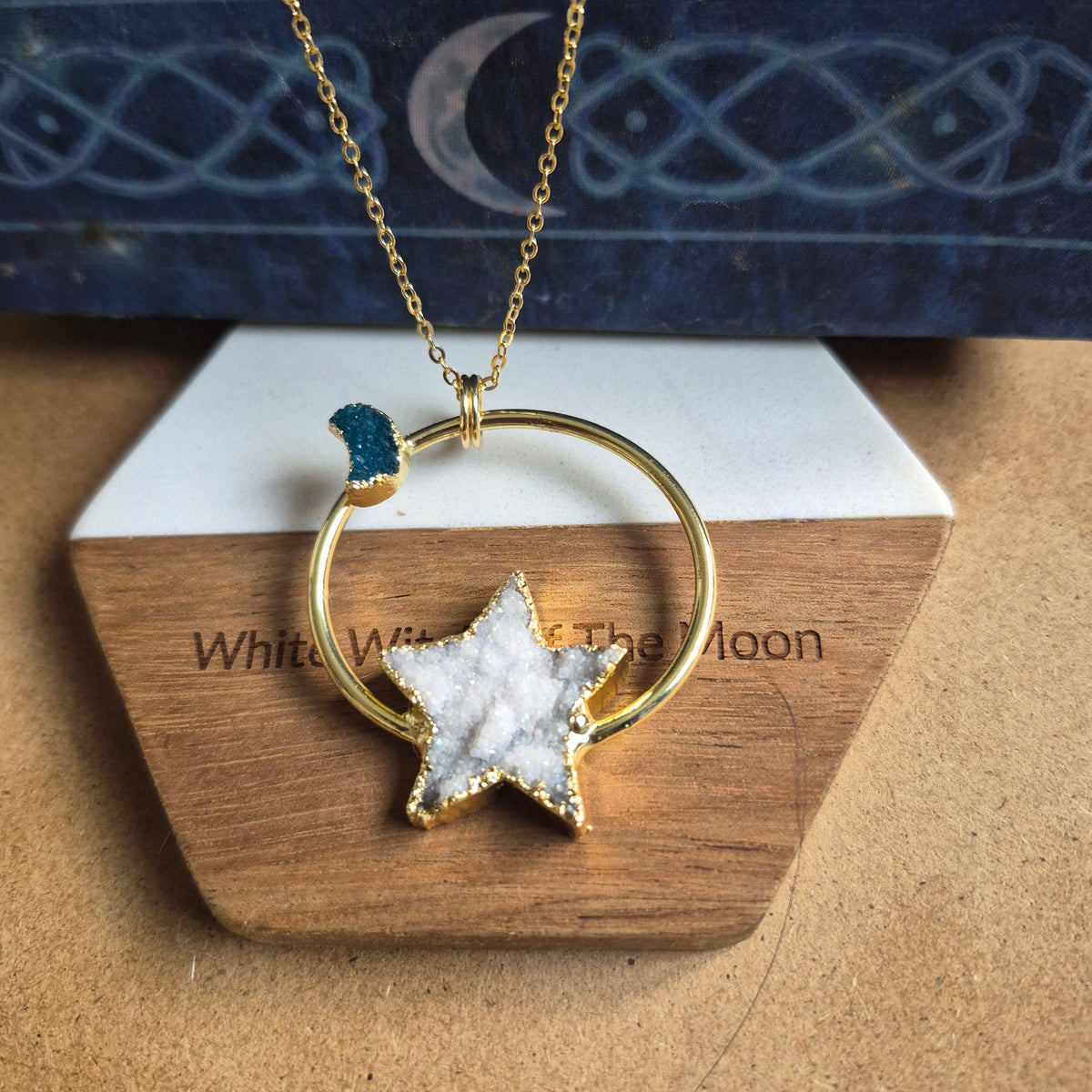 Celestial Druzy Star and Moon Statement Pendant Necklace