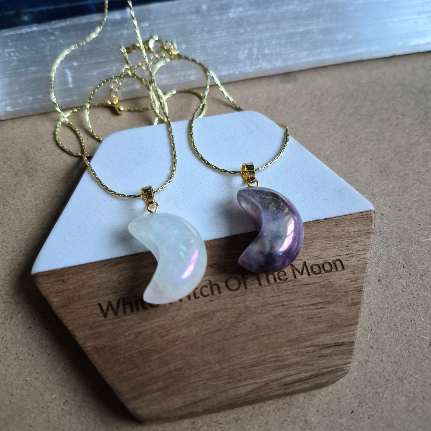 Aura Quartz moon pendant: Celstial Crystal Necklace