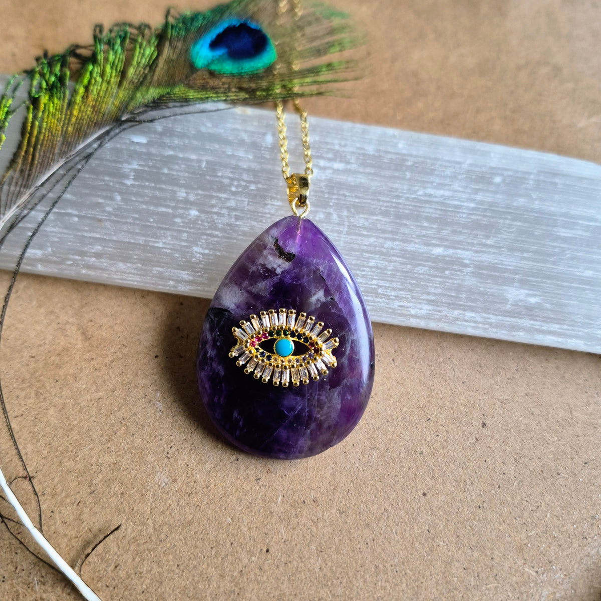 Amethyst Teardrop Evil Eye Pendaht Necklace
