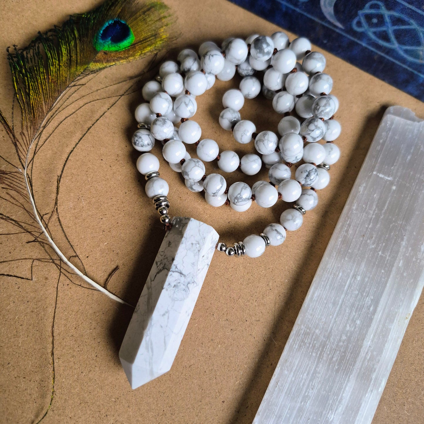 Howlite Knotted Long Necklace with Large Point 32"