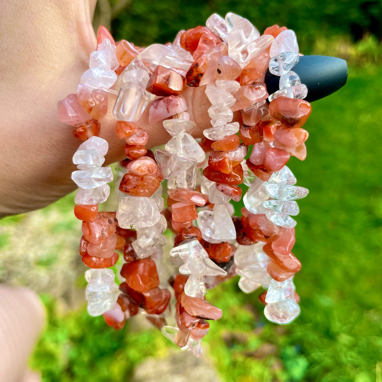 Clear Quartz and Carnelian Chip Bracelets ❤️🤍❤️