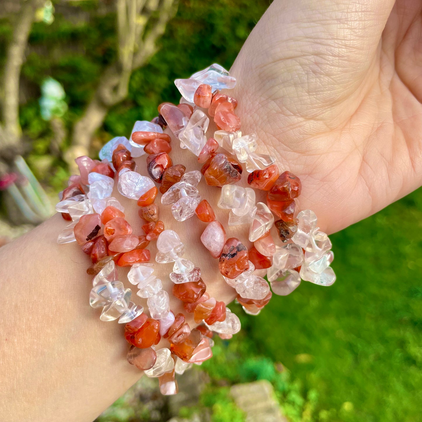 Clear Quartz and Carnelian Chip Bracelets ❤️🤍❤️