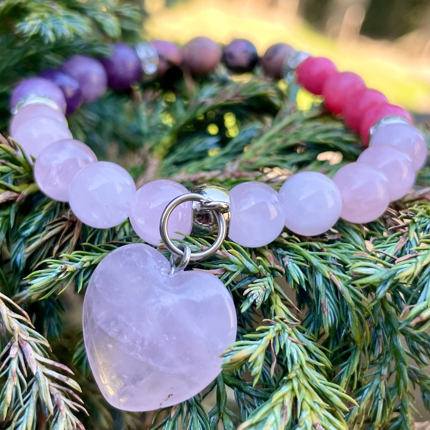 Rose Quartz, Rhodochrosite and Lepidolite and Rhodonite Beaded Bracelet 🌸💕🔮