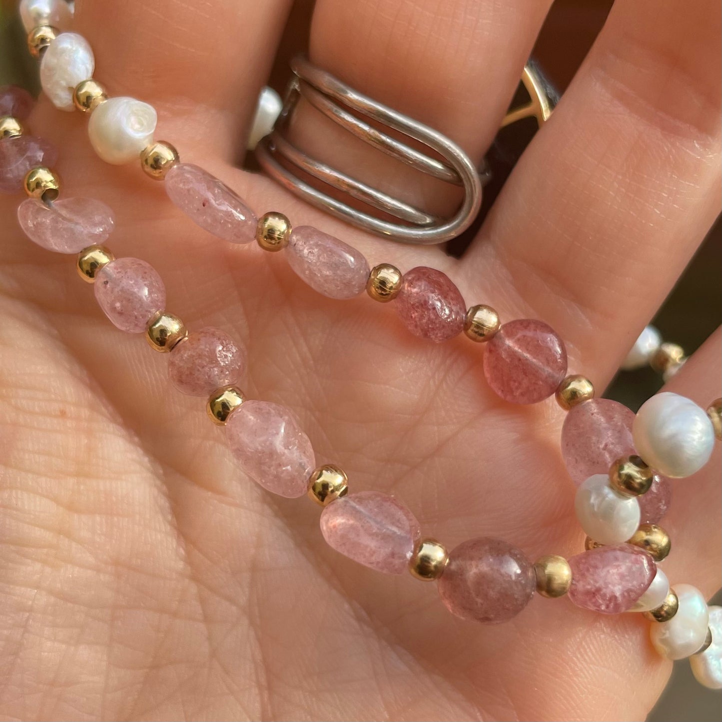 Strawberry Quartz and Pearl Choker Necklace