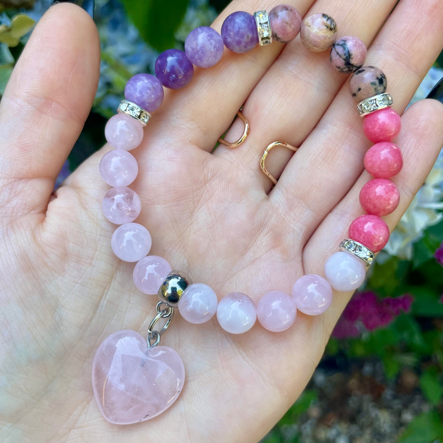 Rose Quartz, Rhodochrosite and Lepidolite and Rhodonite Beaded Bracelet 🌸💕🔮
