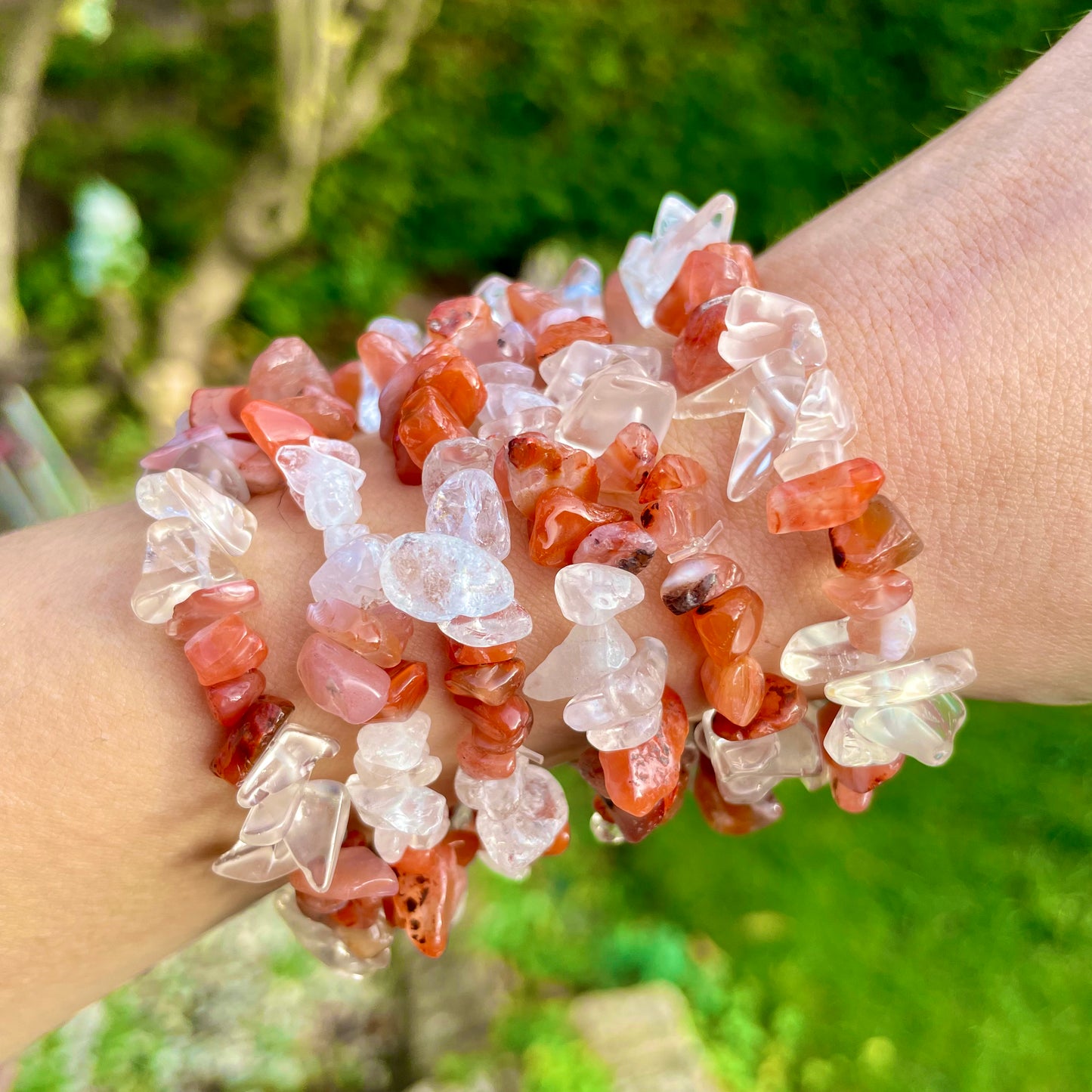 Clear Quartz and Carnelian Chip Bracelets ❤️🤍❤️