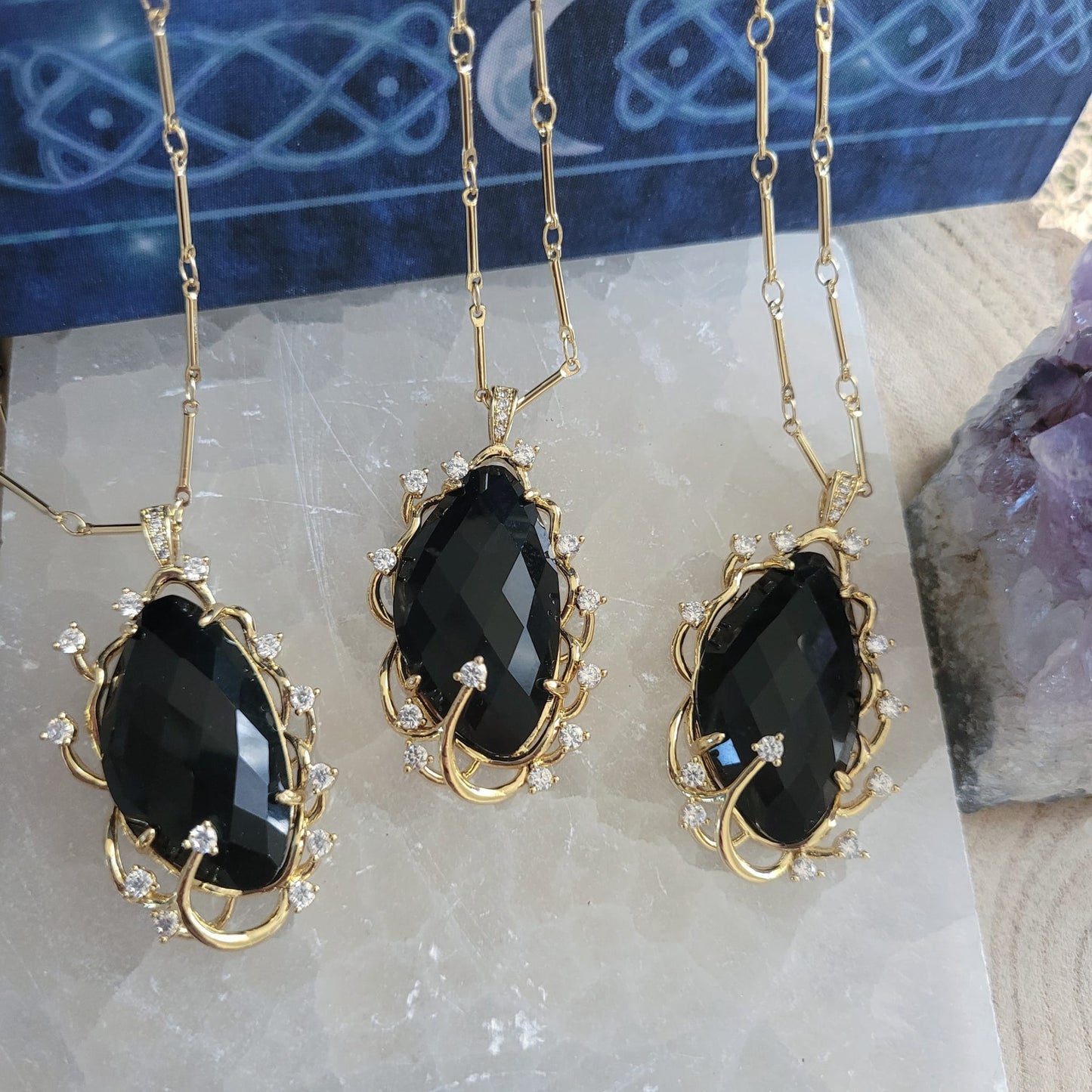 Black Obsidian Diamanté Detail Pendant