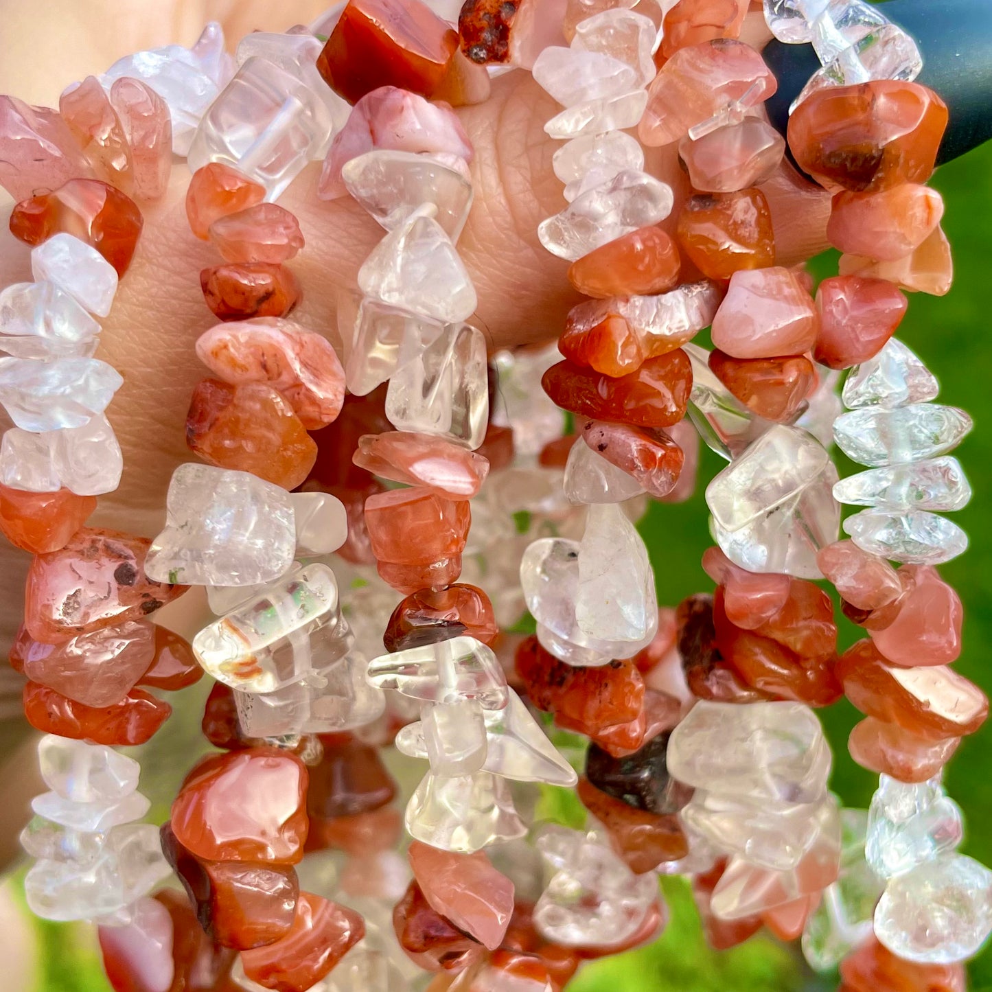 Clear Quartz and Carnelian Chip Bracelets ❤️🤍❤️