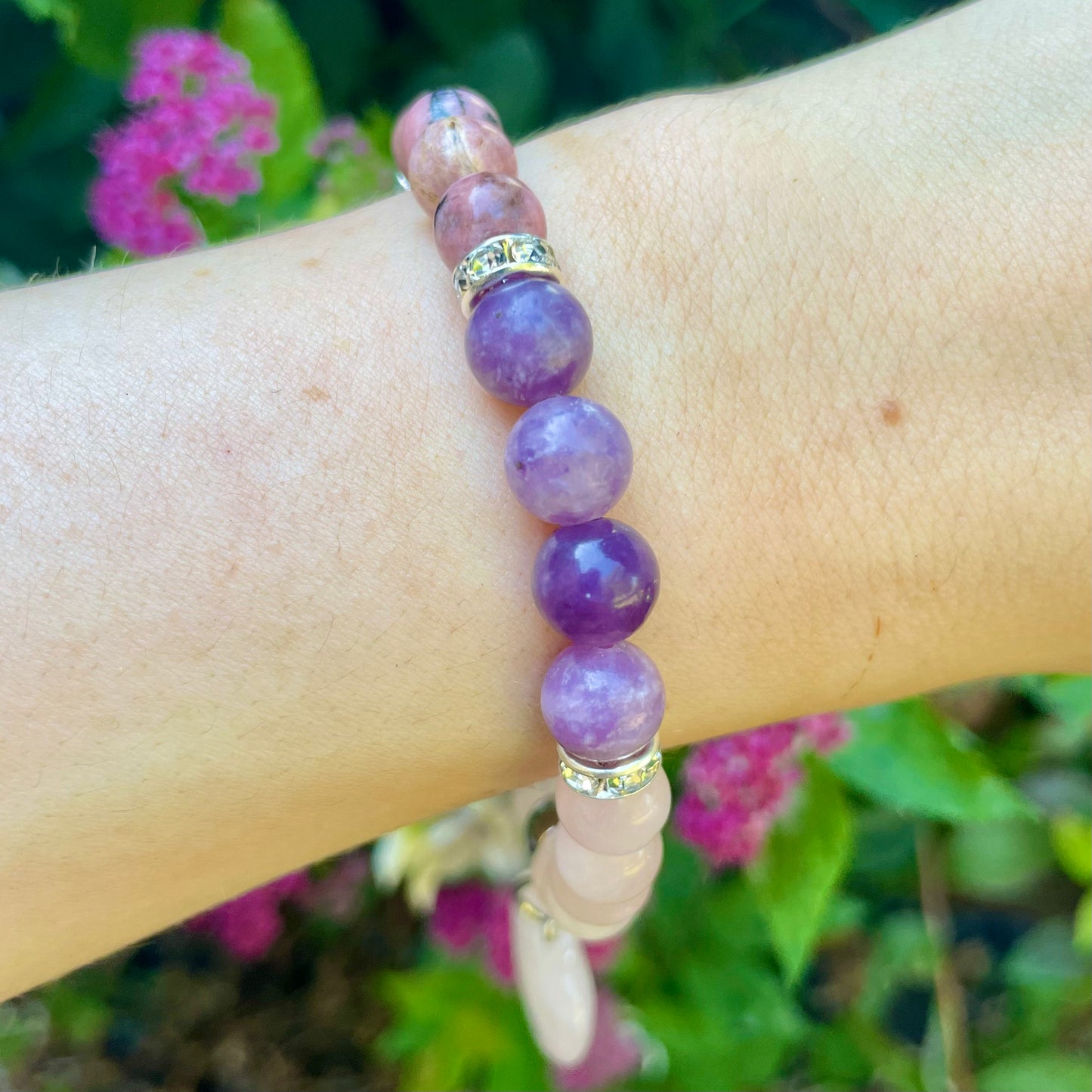 Rose Quartz, Rhodochrosite and Lepidolite and Rhodonite Beaded Bracelet 🌸💕🔮