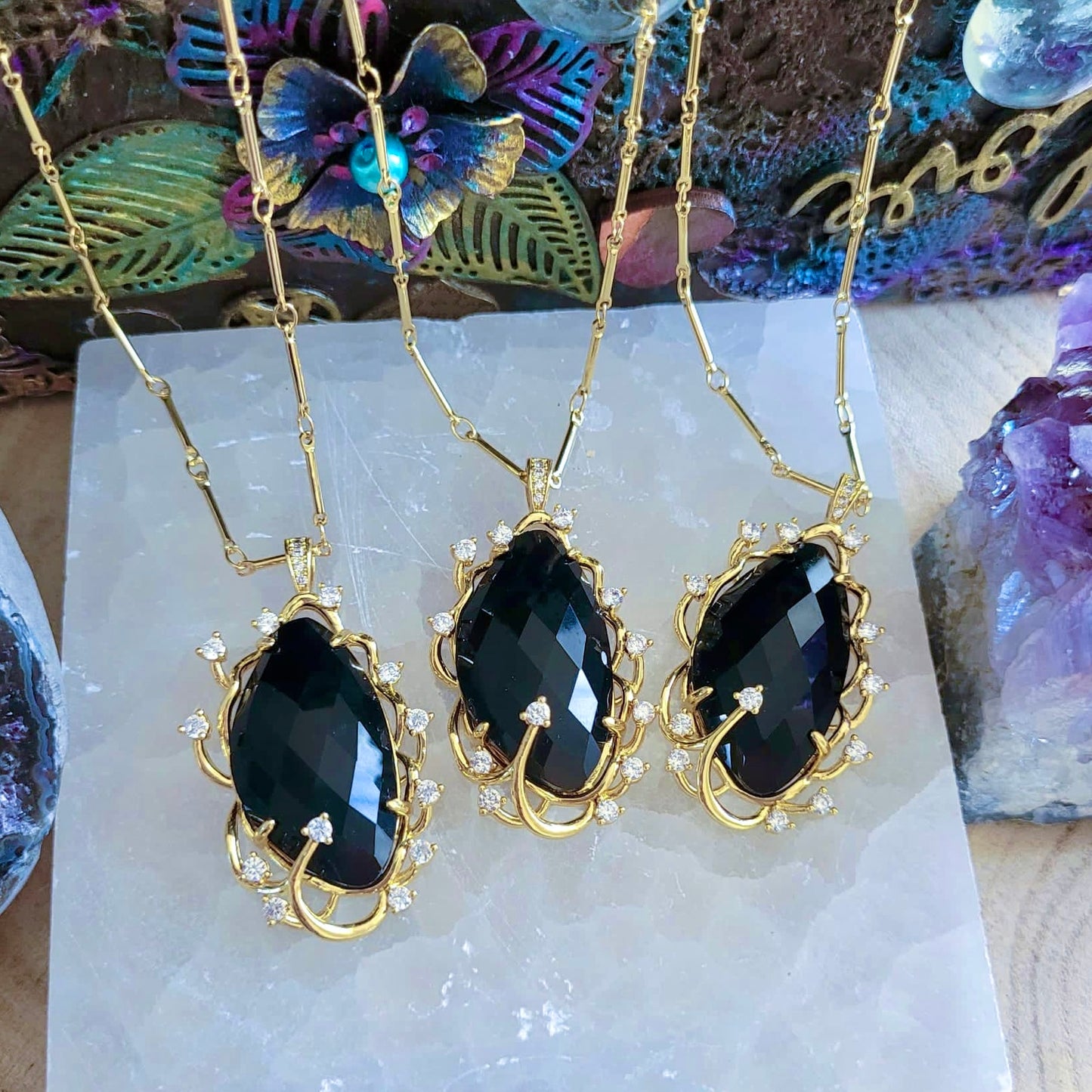 Black Obsidian Diamanté Detail Pendant