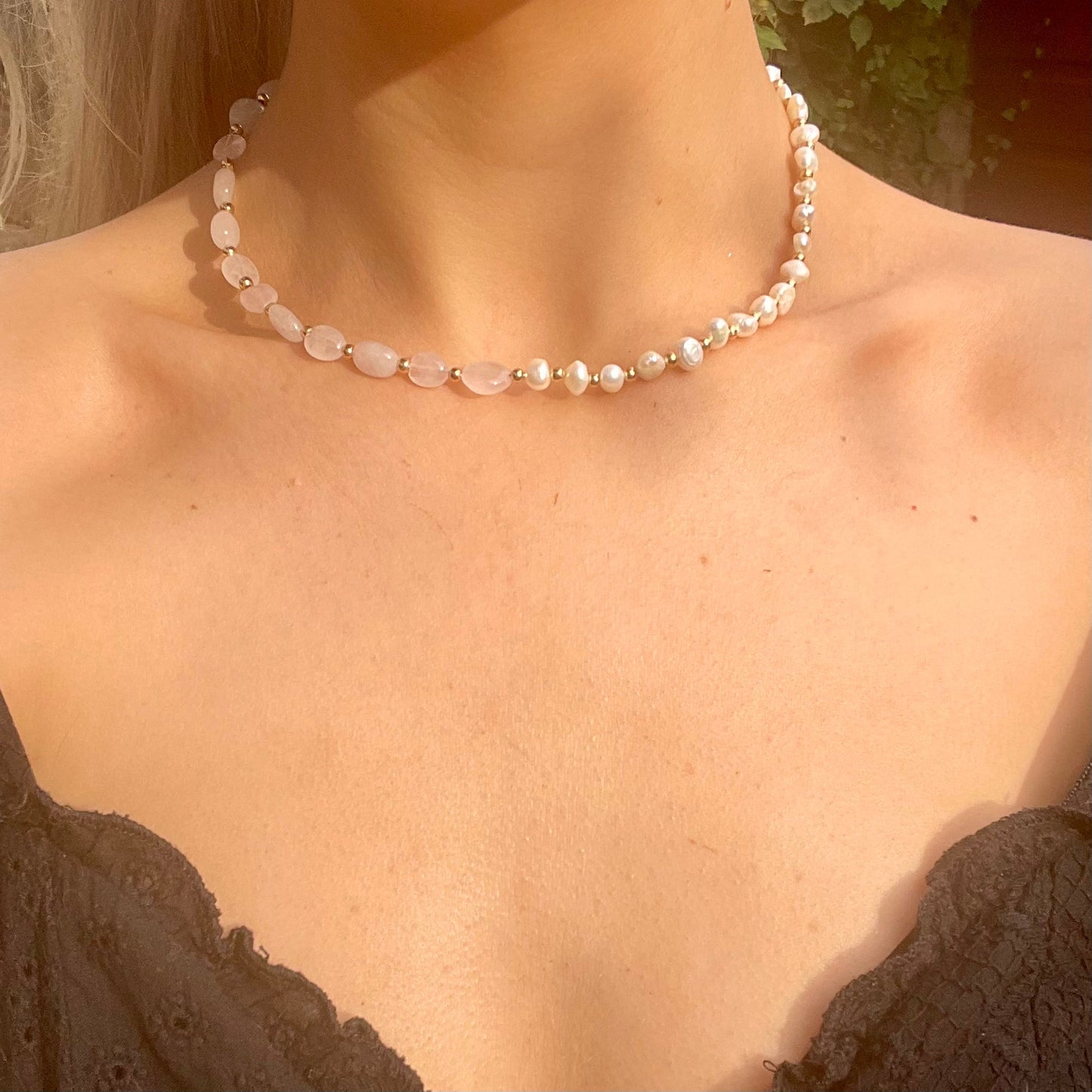 Rose Quartz and Pearl Choker Necklace