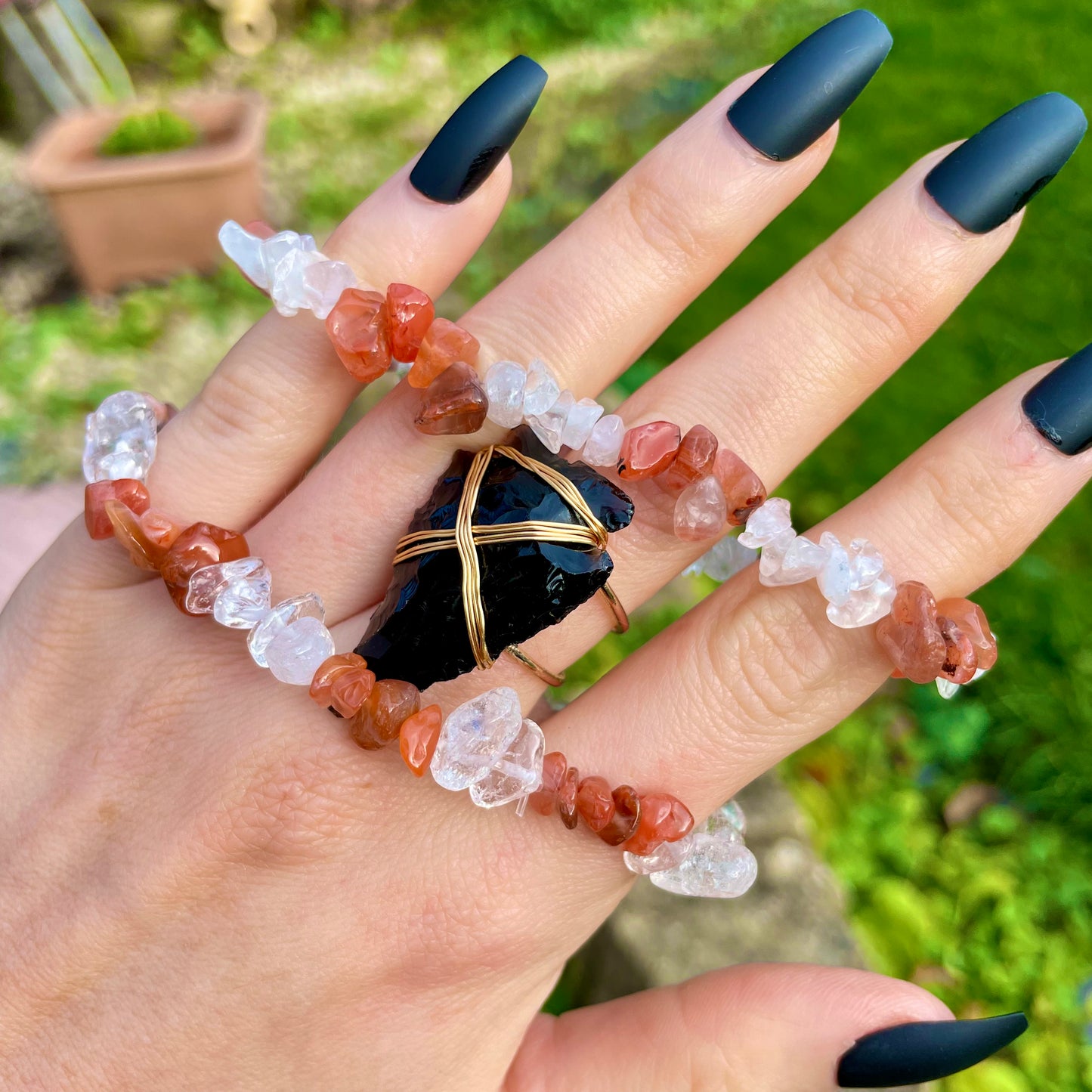 Clear Quartz and Carnelian Chip Bracelets ❤️🤍❤️