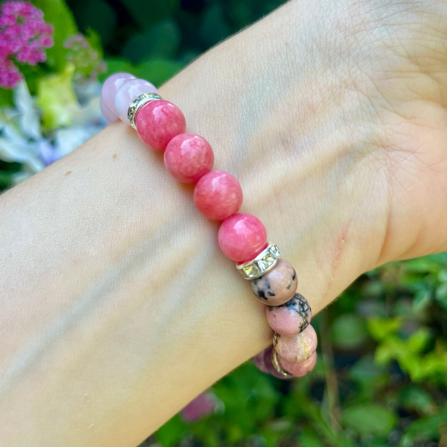 Rose Quartz, Rhodochrosite and Lepidolite and Rhodonite Beaded Bracelet 🌸💕🔮