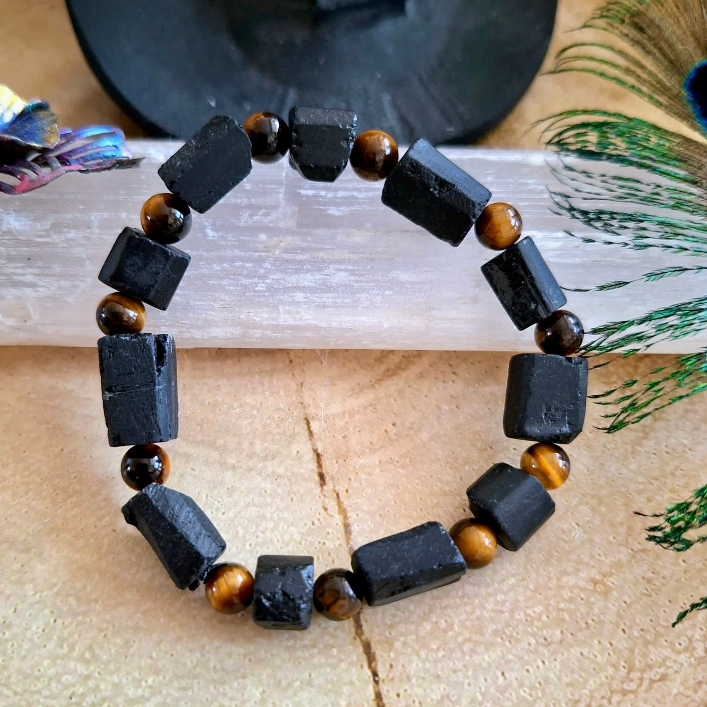 Raw Black Tourmaline and Tigers Eye Beaded Bracelet
