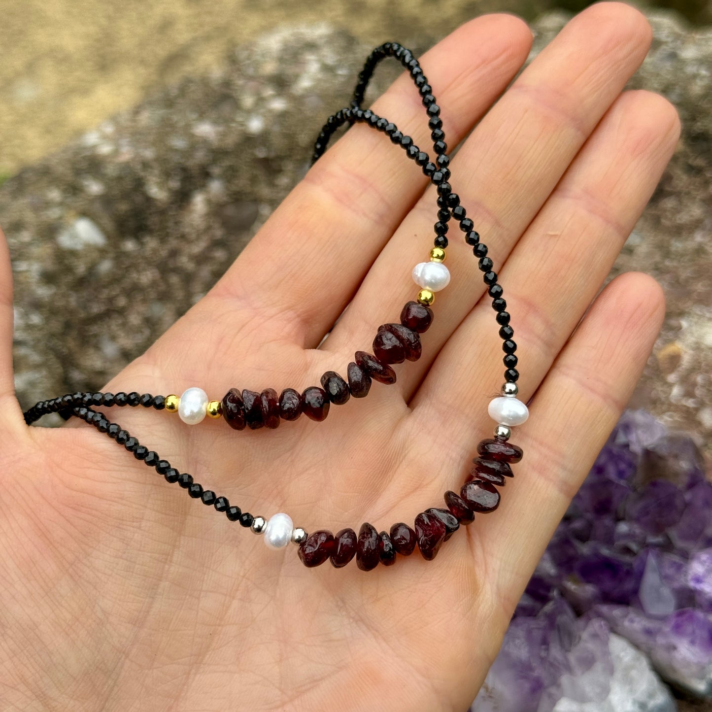 Black Tourmaline and Red Garnet Choker Necklace