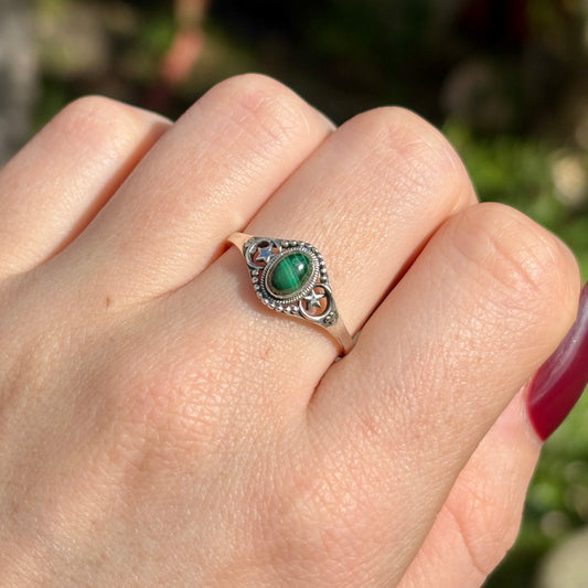 Malachite 925 Silver Celestial Ring (SIZE R/S) - Dark Femme Collection