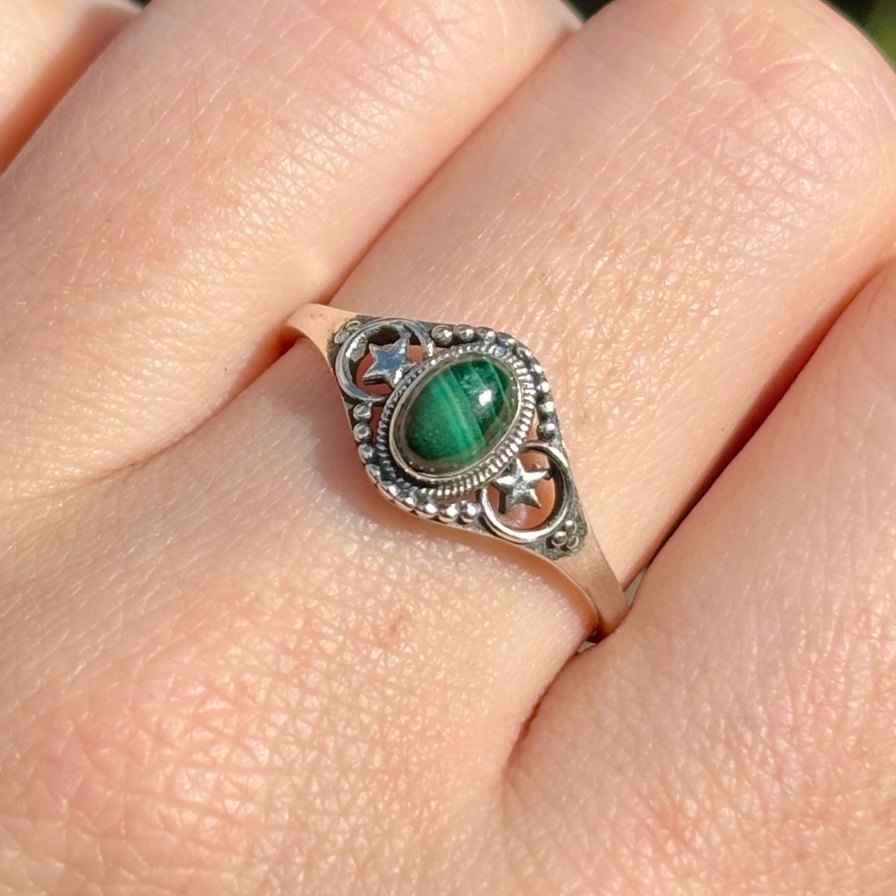 Malachite 925 Silver Celestial Ring (SIZE R/S) - Dark Femme Collection