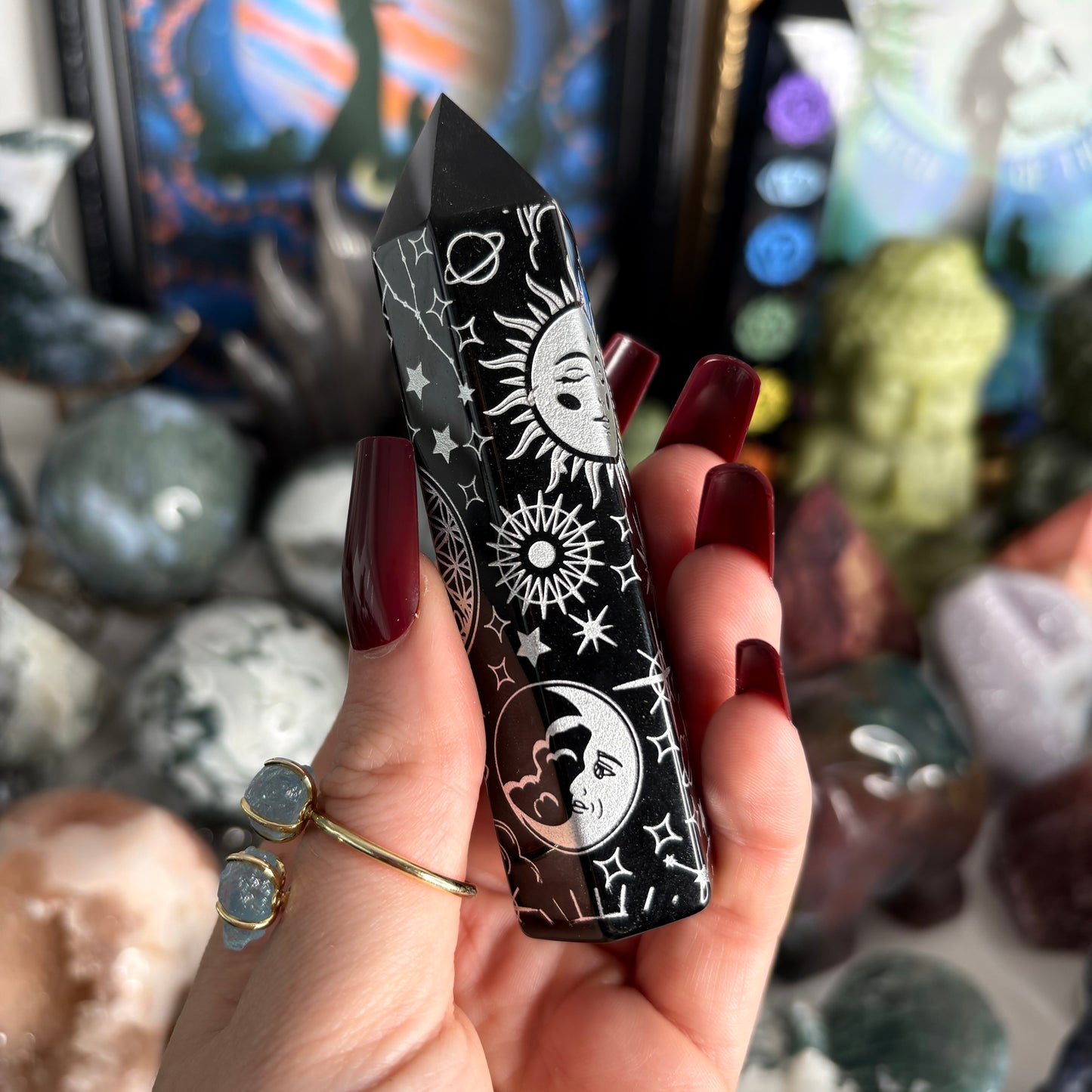 Black Obsidian Celestial Engraved Towers 10cm