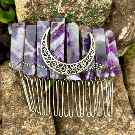 Dream Chevron Amethyst Crescent Moon Hair Comb