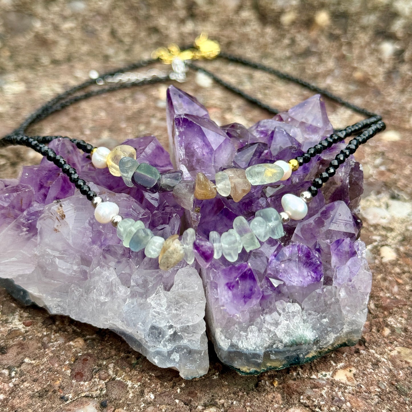 Black Tourmaline and Rainbow Fluorite Choker Necklace