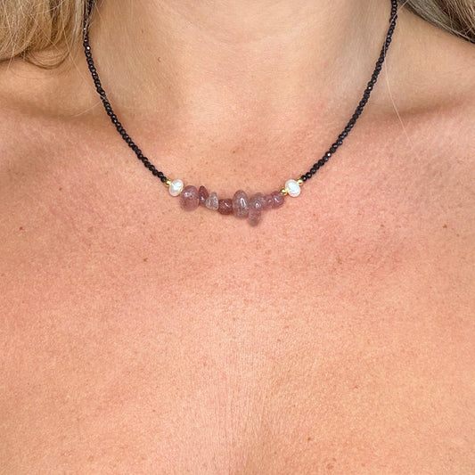 Strawberry Quartz/Black Tourmaline - Everyday Witch Choker Necklace