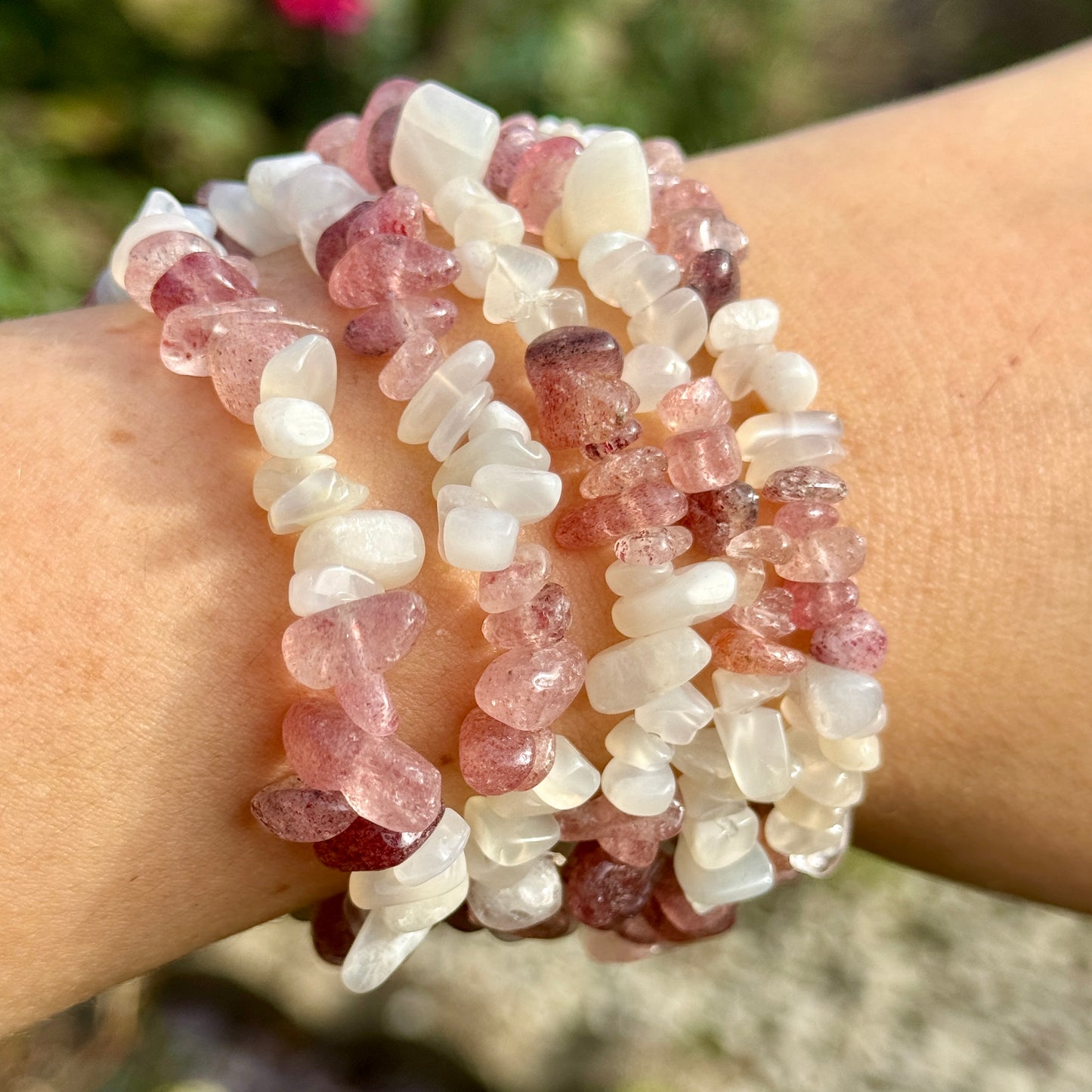 Strawberry Quartz and Moonstone Chip Bracelet