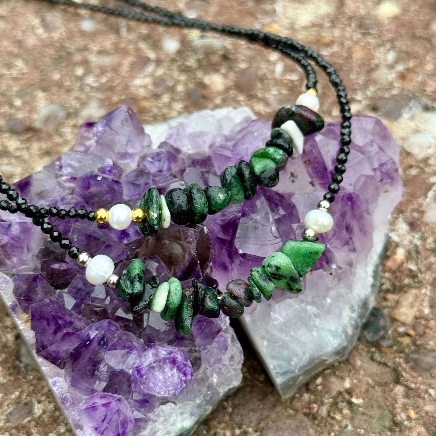 Black Tourmaline and Ruby in Zoisite Choker Necklace