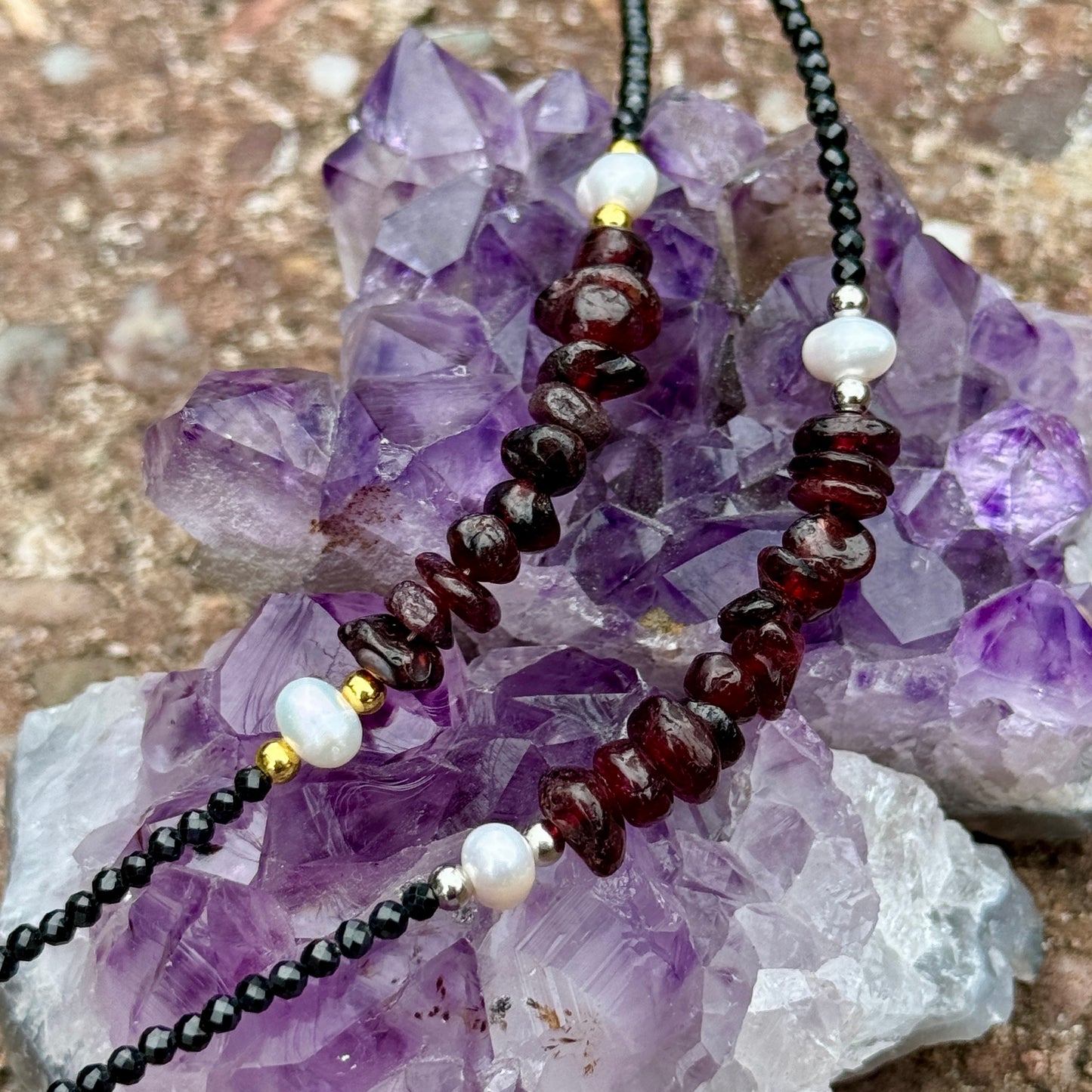 Black Tourmaline and Red Garnet Choker Necklace
