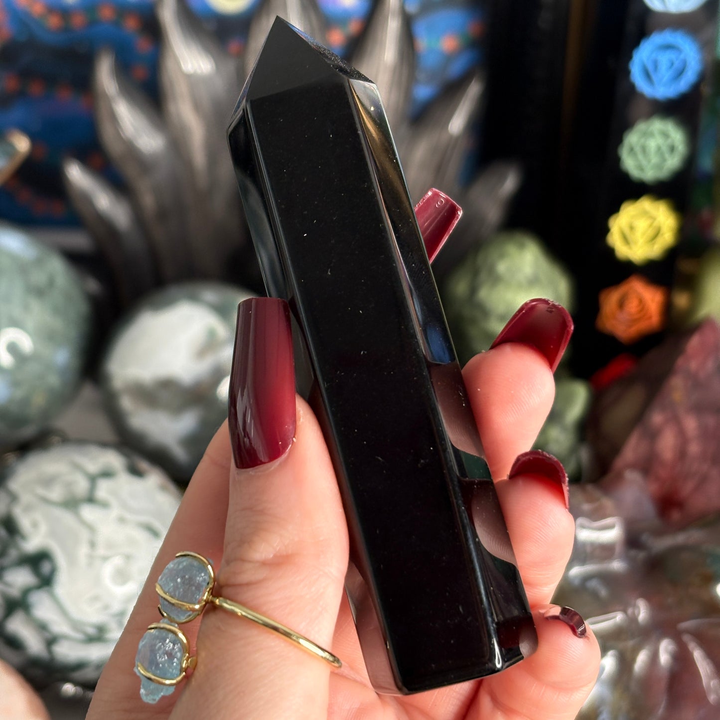 Black Obsidian Chakra Engraved Towers 9-10cm