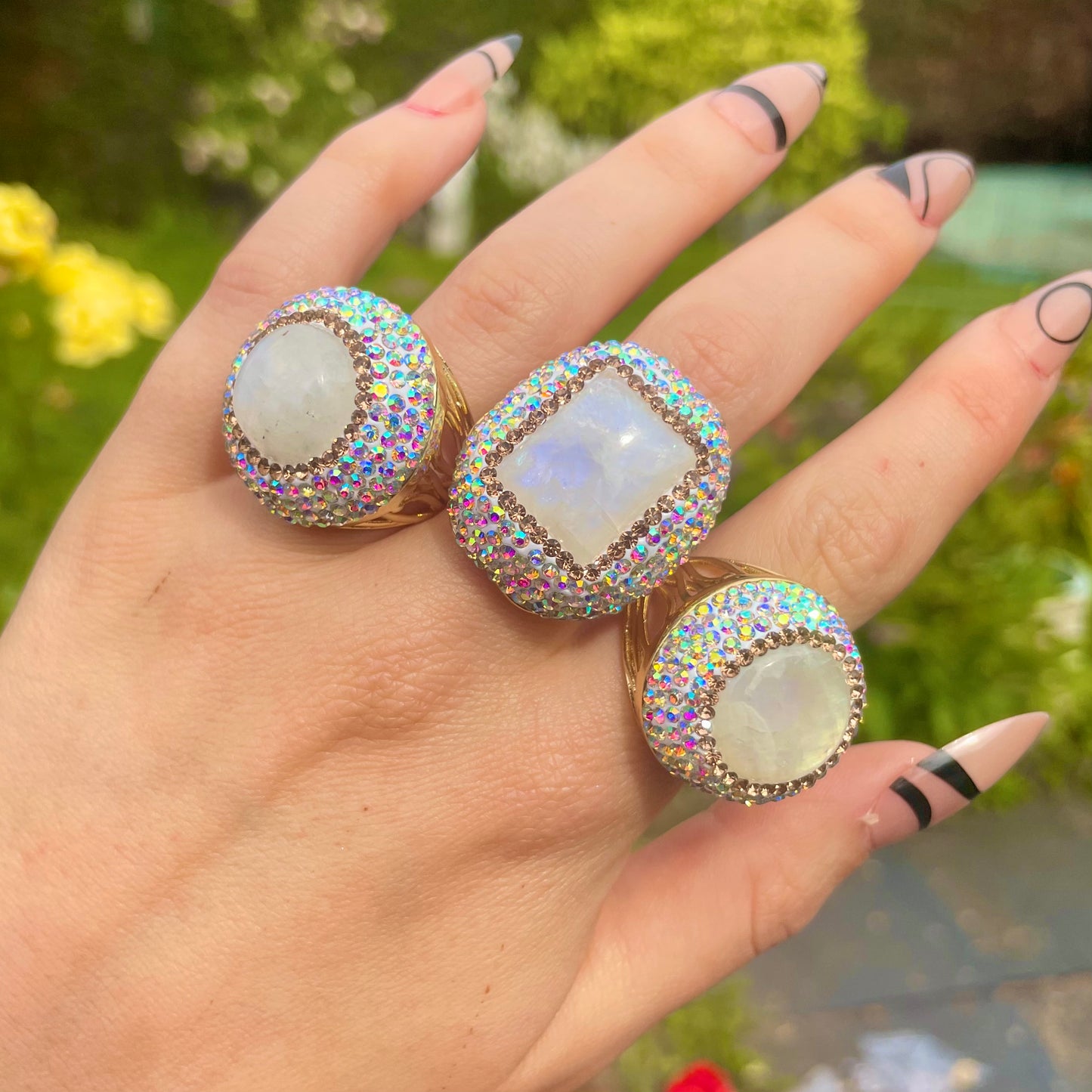 Moonstone Diamanté Embellished Bling Rings