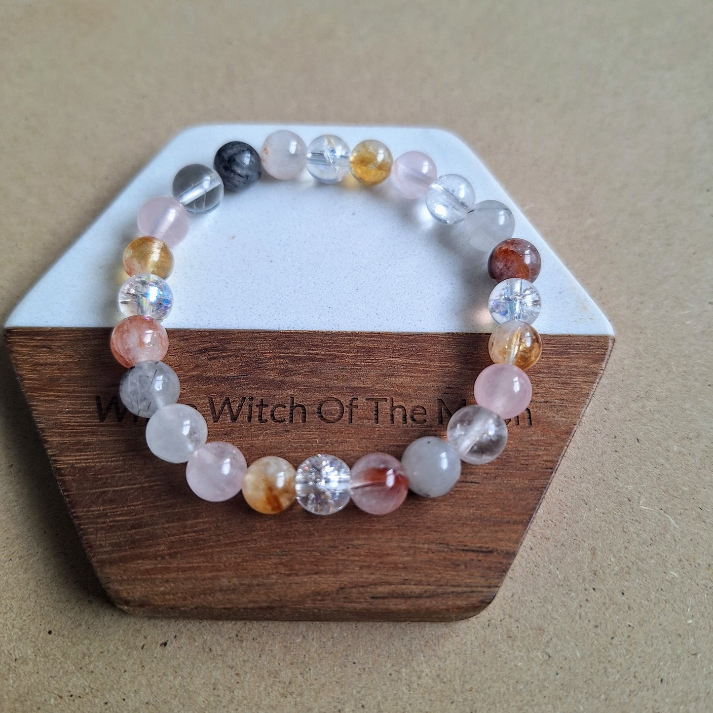 Master Healer Beaded Crystal bracelet with Clear Quartz, Rose Quartz, Rutilated Quartz, Hematoid Quartz and Cracked Quartz natural stone