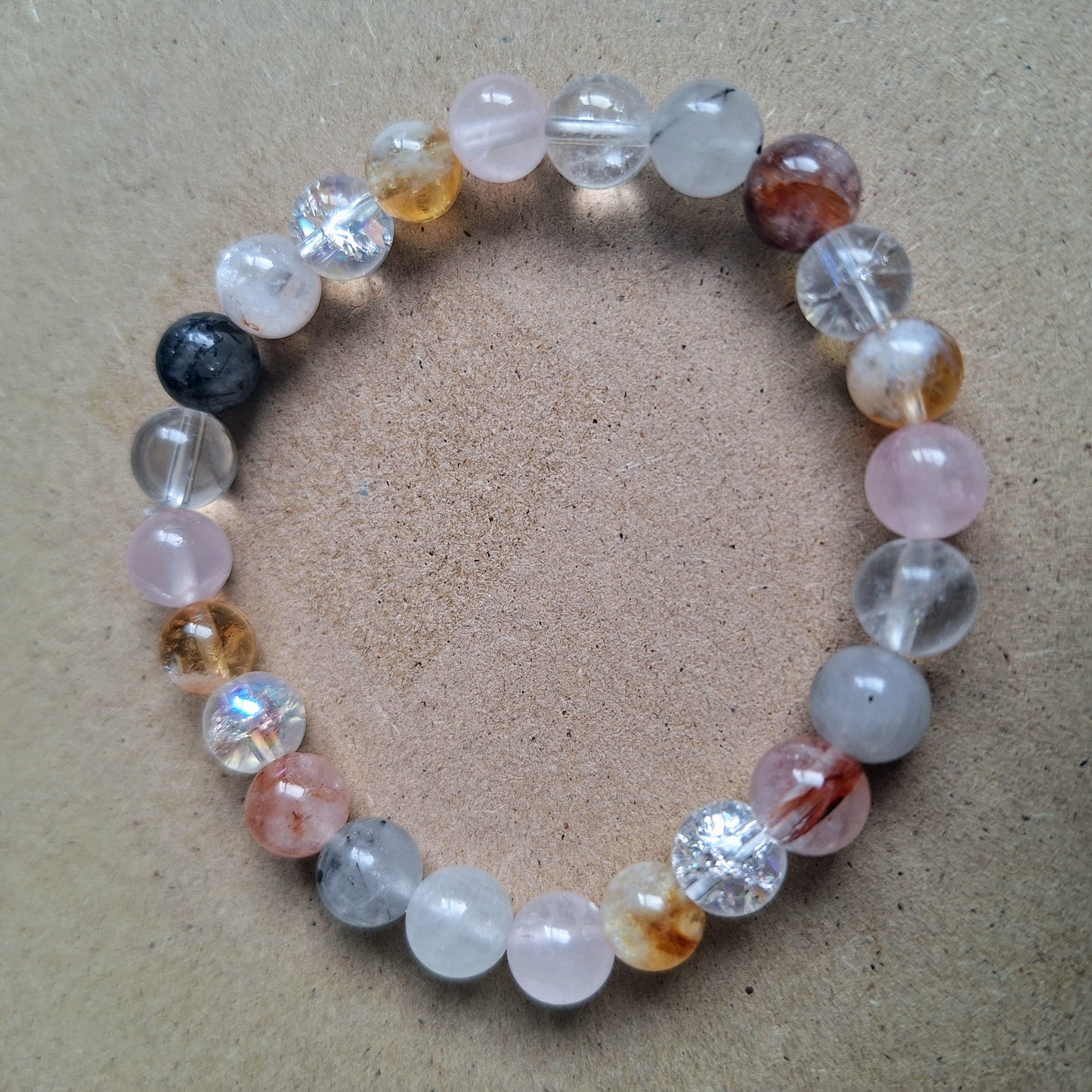 Master Healer Beaded Crystal bracelet with Clear Quartz, Rose Quartz, Rutilated Quartz, Hematoid Quartz and Cracked Quartz natural stone
