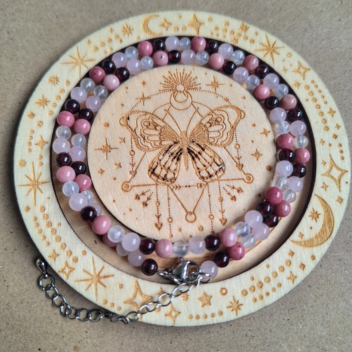 Self Love Choker 4mm Rose quartz Red Garnet Rhodochrosite Moonstone