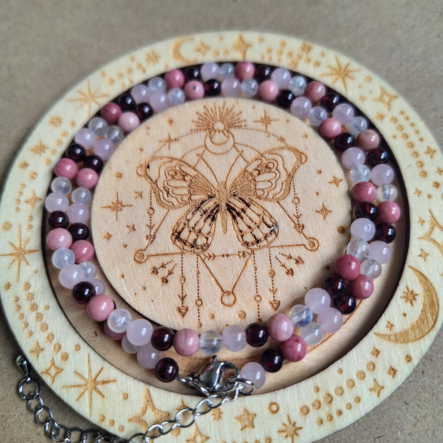 Self Love Choker 4mm Rose quartz Red Garnet Rhodochrosite Moonstone