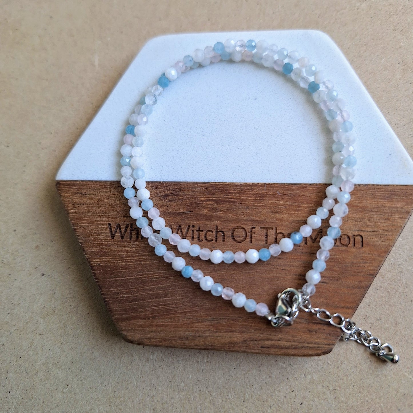 Aquamarine Moonstone and Rose Quartz Choker 3mm faceted beads
