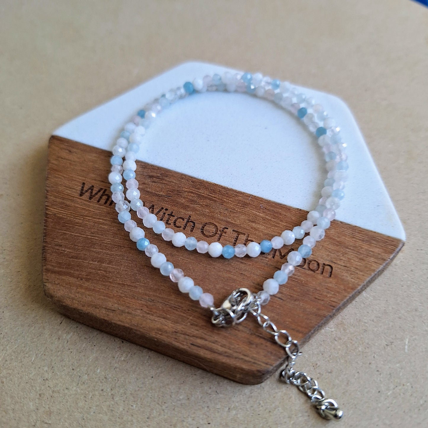 Aquamarine Moonstone and Rose Quartz Choker 3mm faceted beads