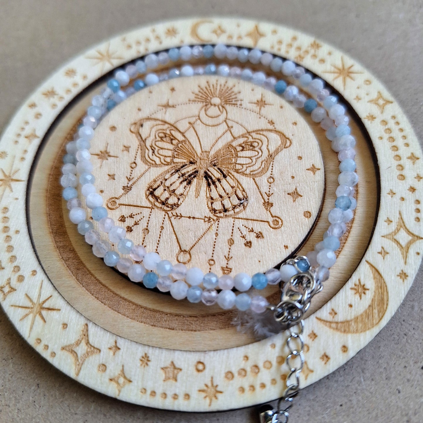 Aquamarine Moonstone and Rose Quartz Choker 3mm faceted beads