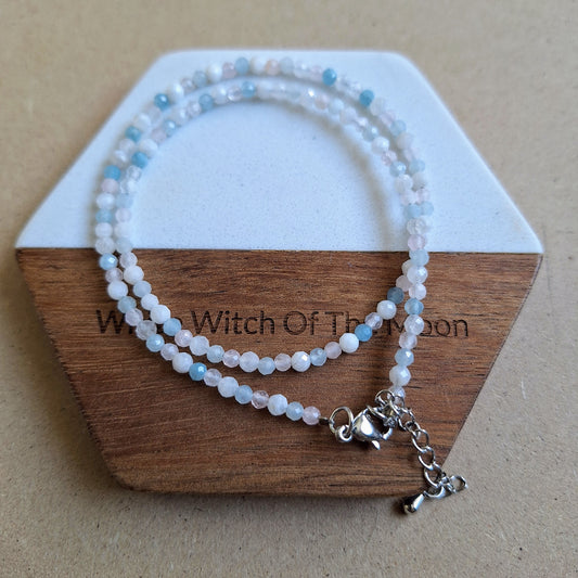 Aquamarine Moonstone and Rose Quartz Choker 3mm faceted beads
