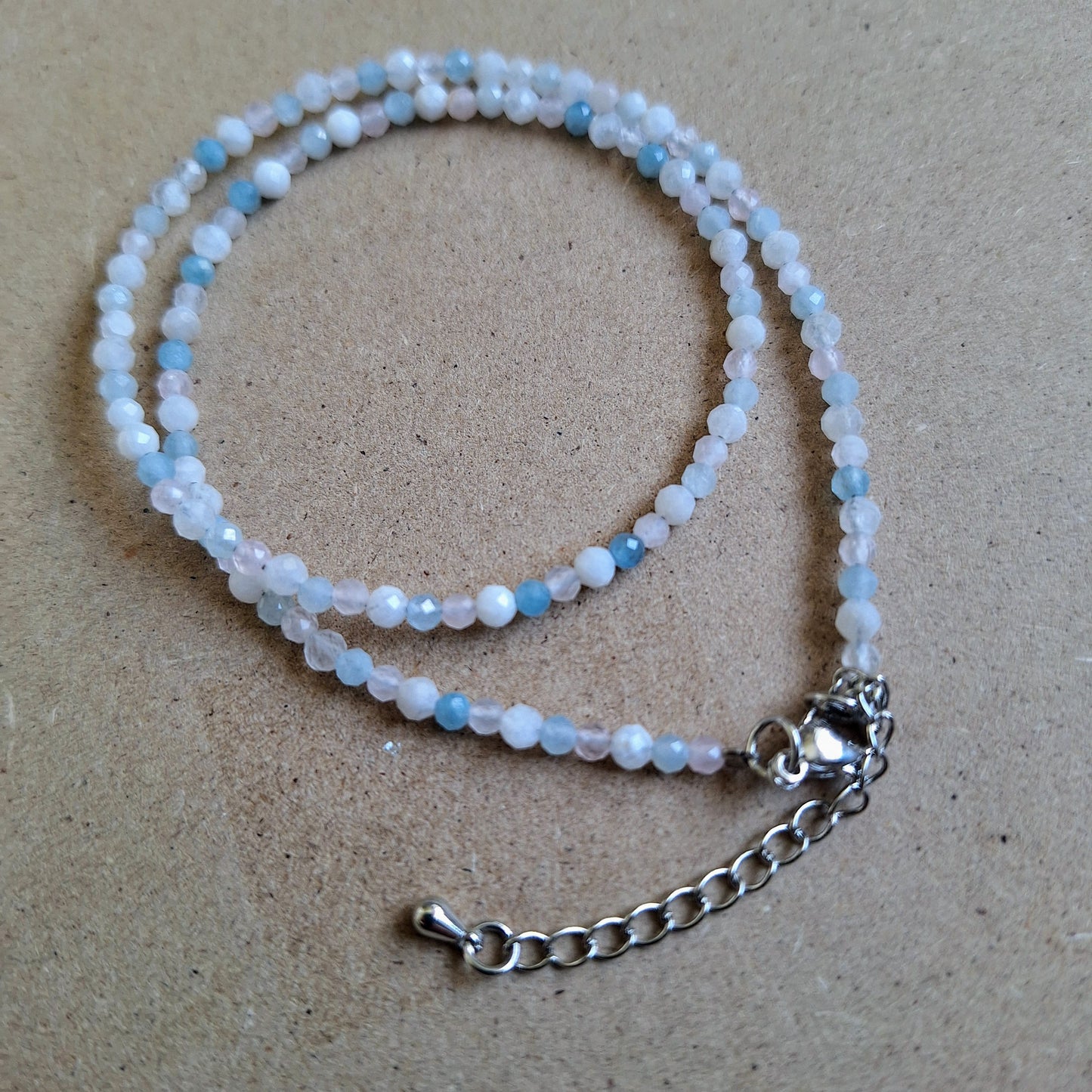 Aquamarine Moonstone and Rose Quartz Choker 3mm faceted beads